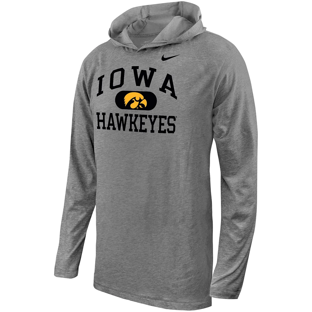 Youth Nike Gray Iowa Hawkeyes Stacked Logo Hoodie Long Sleeve T-Shirt