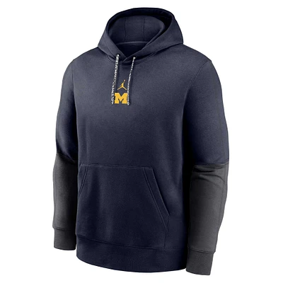 Youth Jordan Brand Navy Michigan Wolverines 2024 Sideline Club Fleece Color Block Pullover Hoodie