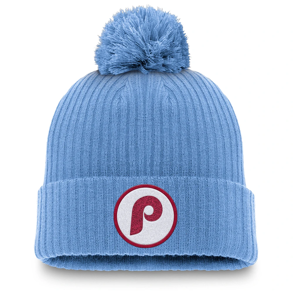 Men's Nike Light Blue Philadelphia Phillies Cooperstown Collection Patch Cuffed Knit Hat with Pom