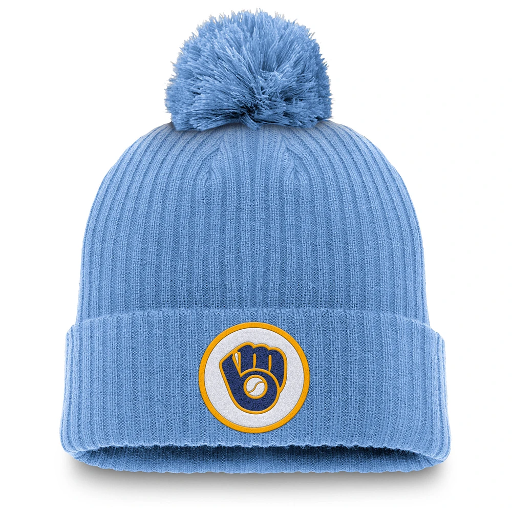 Men's Nike Powder Blue Milwaukee Brewers Cooperstown Collection Patch Cuffed Knit Hat with Pom