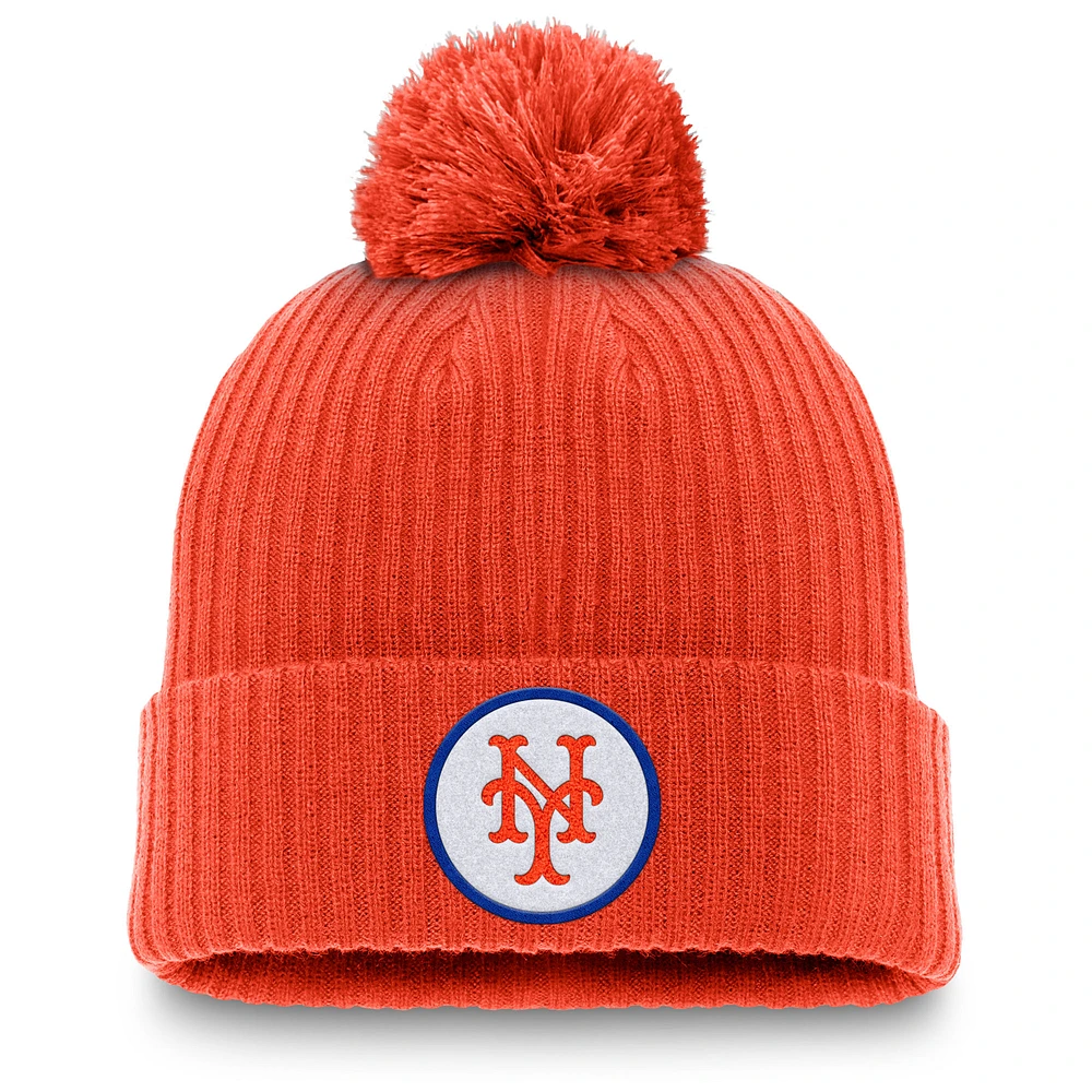 Men's Nike Orange New York Mets Cooperstown Collection Patch Cuffed Knit Hat with Pom