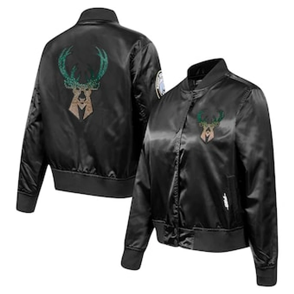 Women's Pro Standard Black Milwaukee Bucks Jeweled Satin Full-Snap Jacket