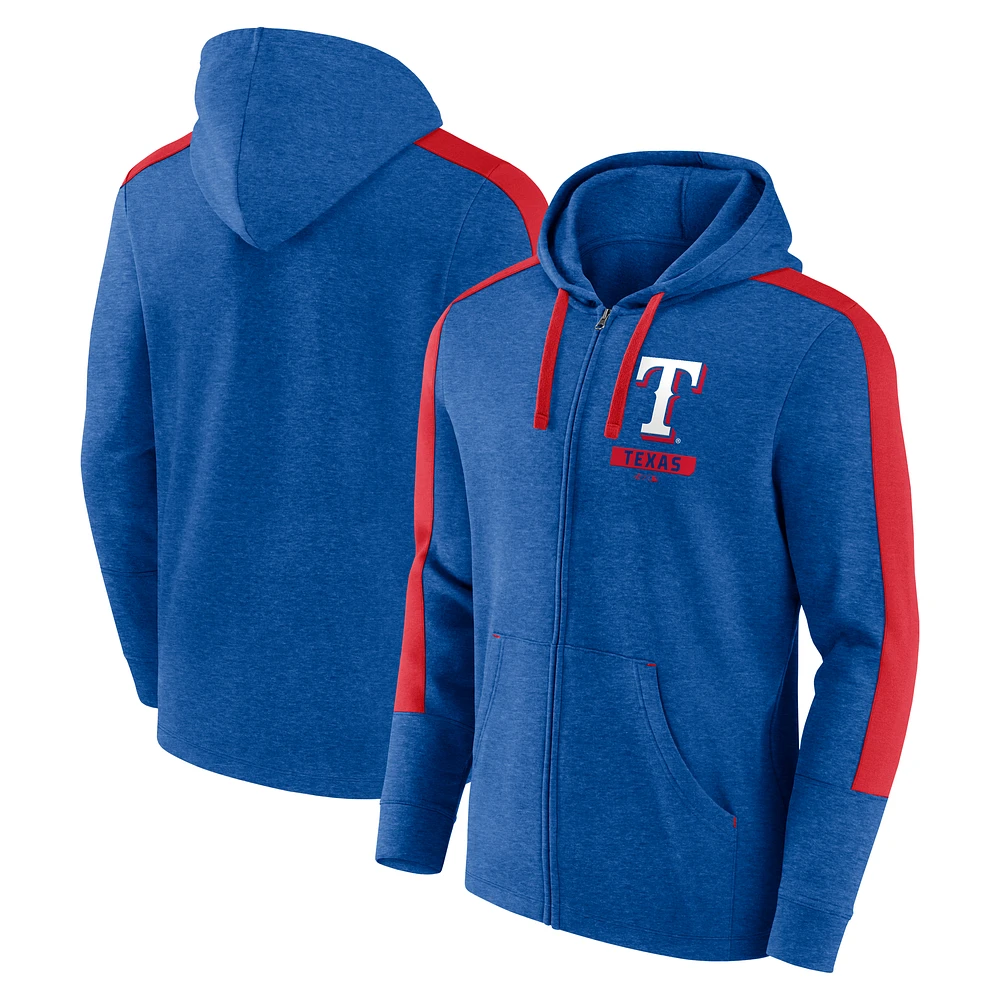 Men's Fanatics Heather Royal Texas Rangers Gains Fleece Full-Zip Hoodie