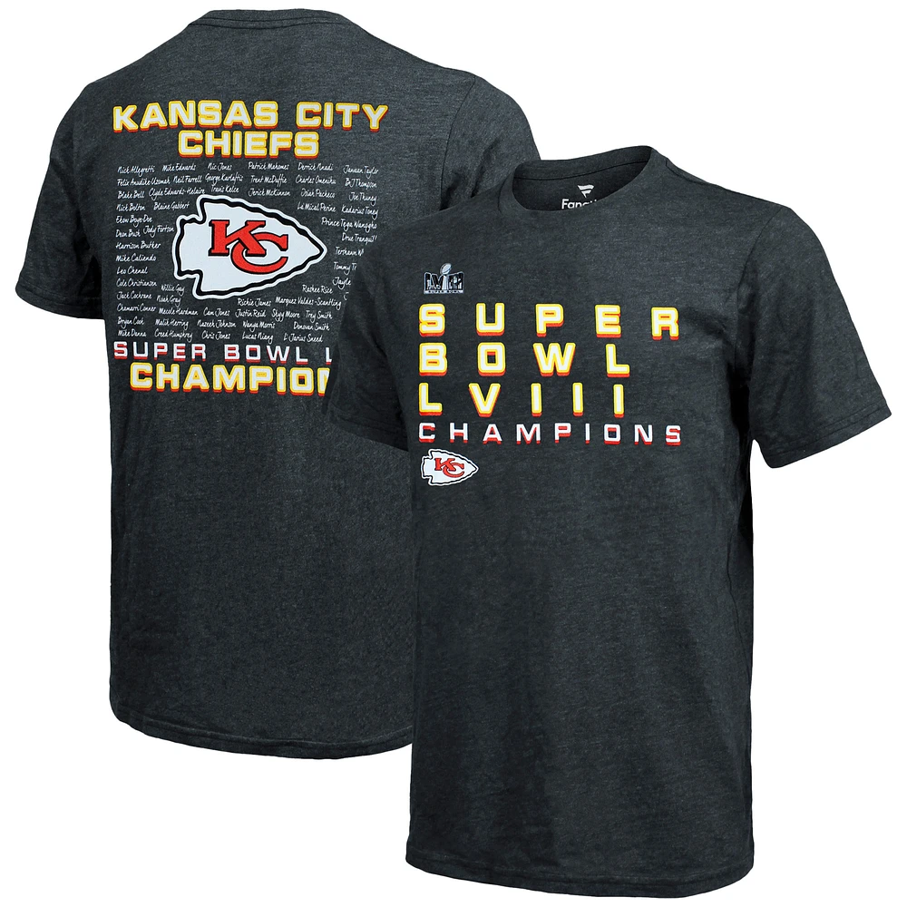 Men's Fanatics Charcoal Kansas City Chiefs Super Bowl LVIII Champions Roster Tri-Blend T-Shirt