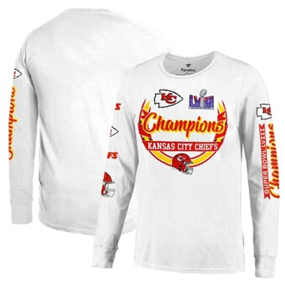 Men's Fanatics White Kansas City Chiefs Super Bowl LVIII Champions Sleeve Hit Soft Hand Long T-Shirt