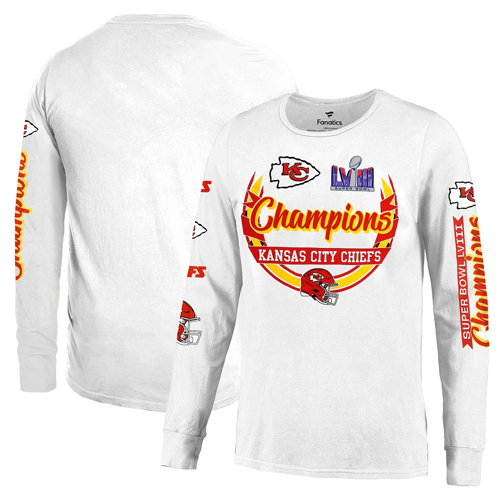 Men's Fanatics White Kansas City Chiefs Super Bowl LVIII Champions Sleeve Hit Soft Hand Long T-Shirt