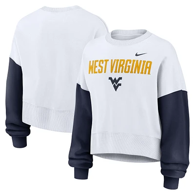 Women's Nike White West Virginia Mountaineers Color-Block Oversized Cropped Pullover Sweatshirt