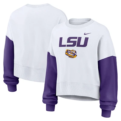 Women's Nike White LSU Tigers Colorblock Fleece Oversized Copped Pullover Sweatshirt