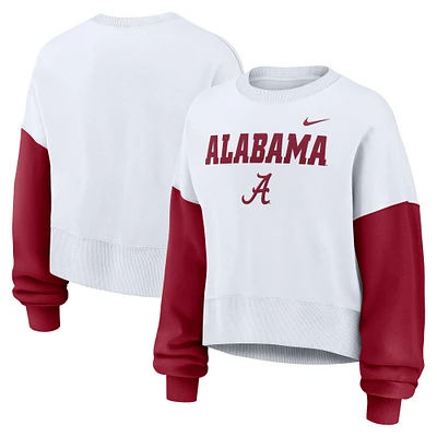 Women's Nike White Alabama Crimson Tide Color-Block Oversized Cropped Pullover Sweatshirt