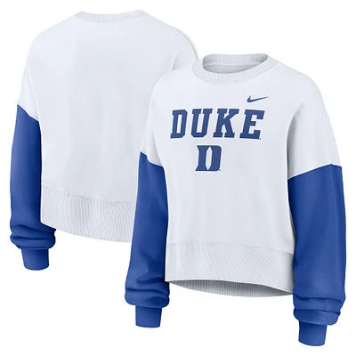 Women's Nike White Duke Blue Devils Color-Block Oversized Cropped Pullover Sweatshirt