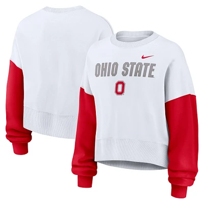 Women's Nike White Ohio State Buckeyes Colorblock Fleece Oversized Copped Pullover Sweatshirt