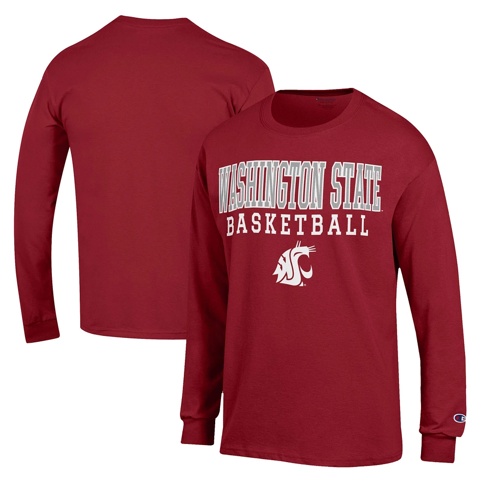 Men's Champion Crimson Washington State Cougars Basketball Stack Long Sleeve T-Shirt