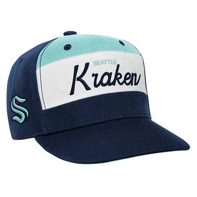 Youth Mitchell & Ness Deep Sea Blue Seattle Kraken Retro Script Color Block Adjustable Hat