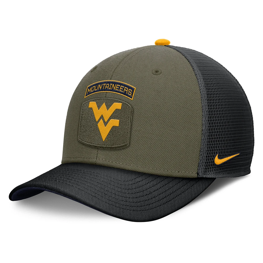 Men's Nike Olive/Black West Virginia Mountaineers 2024 Military Appreciation Rise Trucker Adjustable Hat