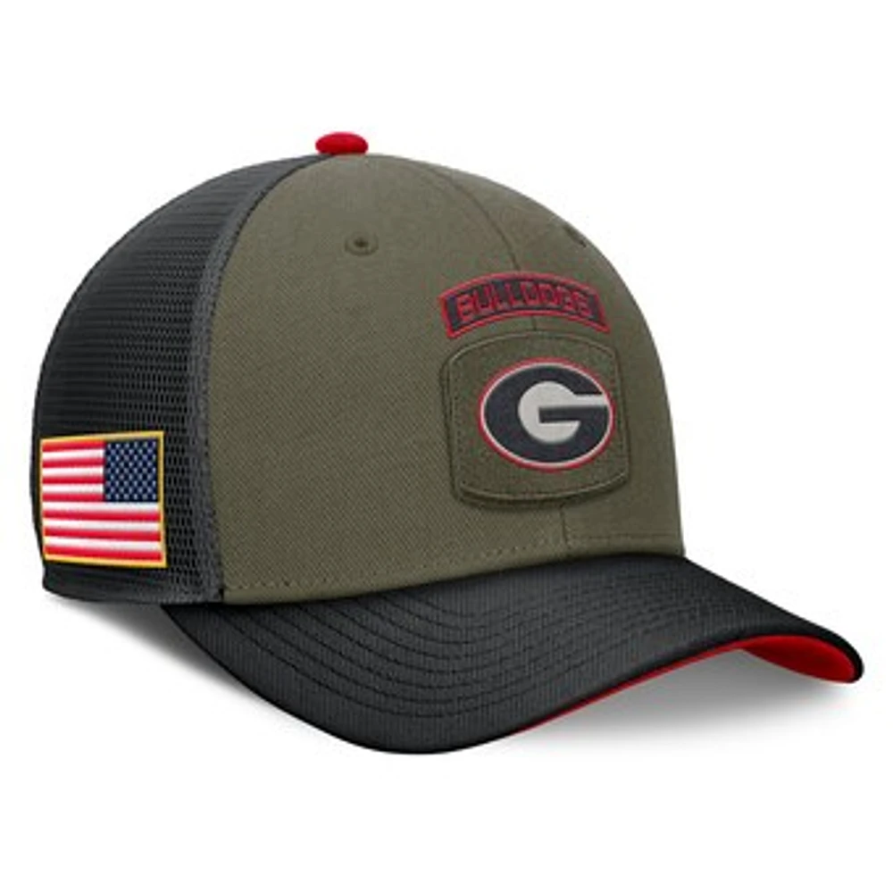 Men's Nike Olive/Black Georgia Bulldogs 2024 Military Appreciation Rise Trucker Adjustable Hat