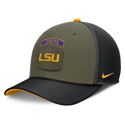 Men's Nike Olive/Black LSU Tigers 2024 Military Appreciation Rise Trucker Adjustable Hat