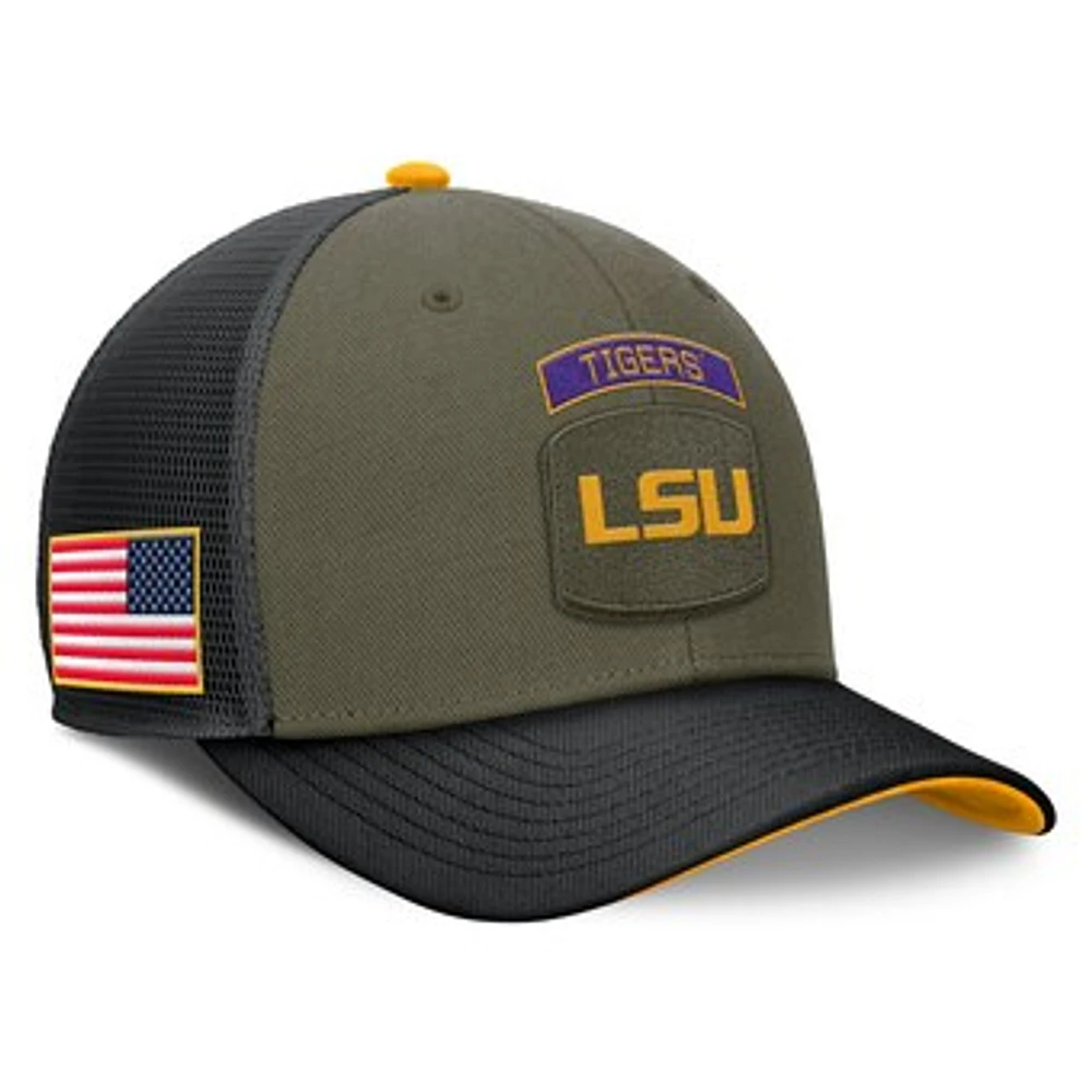 Men's Nike Olive/Black LSU Tigers 2024 Military Appreciation Rise Trucker Adjustable Hat