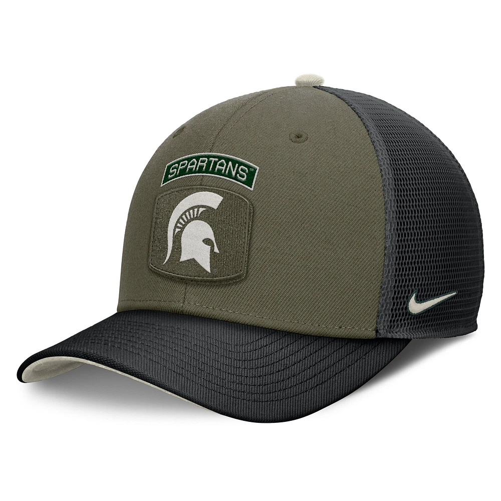 Men's Nike Olive/Black Michigan State Spartans 2024 Military Appreciation Rise Trucker Adjustable Hat