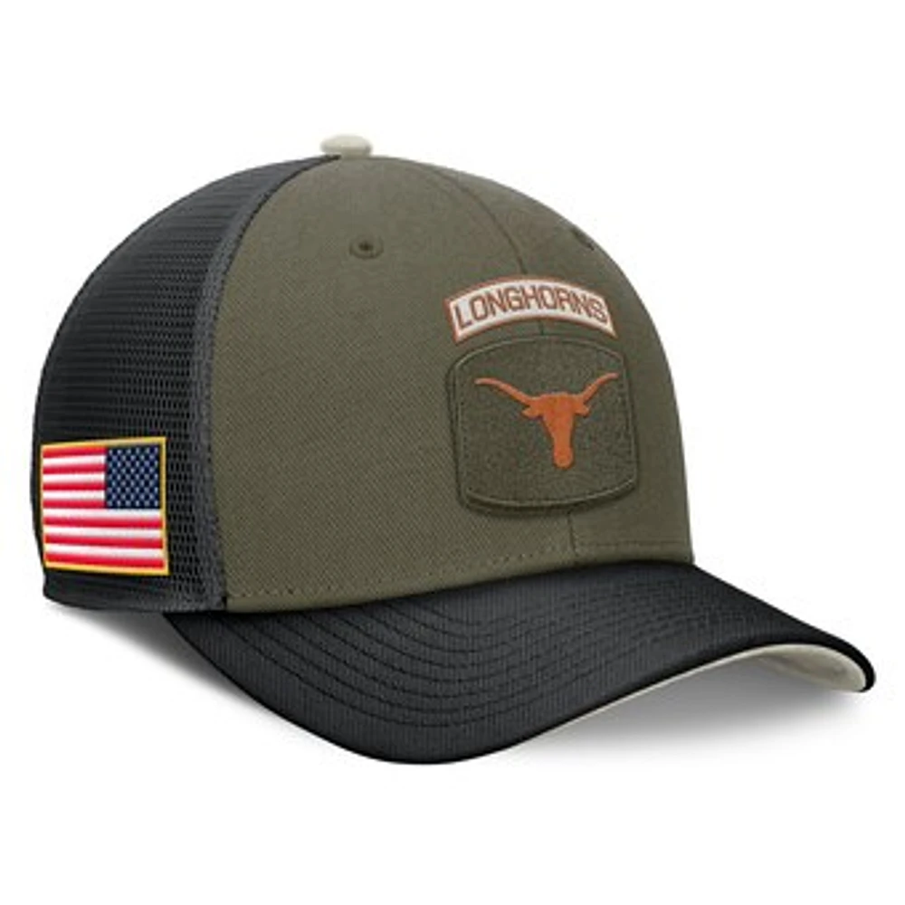 Men's Nike Olive/Black Texas Longhorns 2024 Military Appreciation Rise Trucker Adjustable Hat