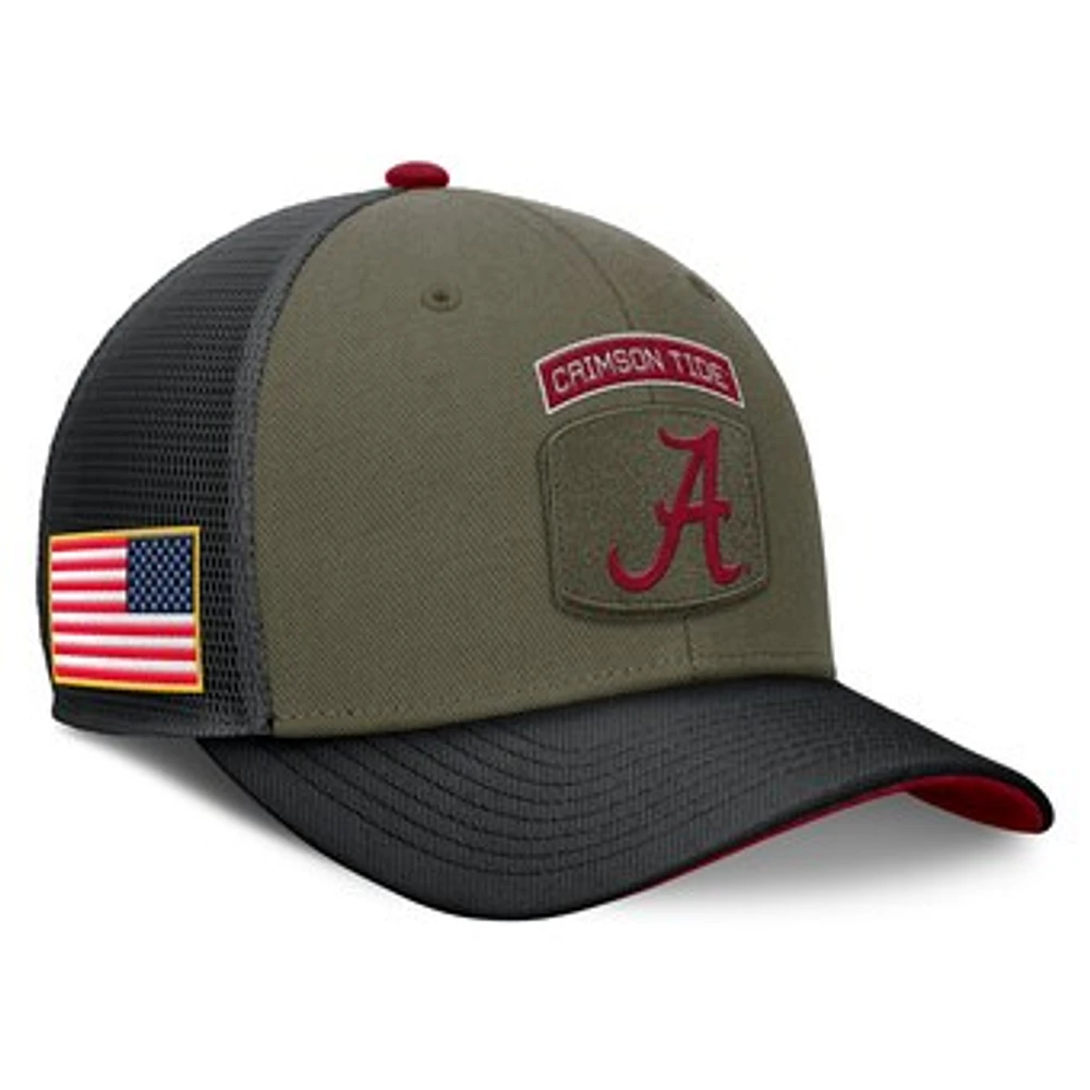 Men's Nike Olive/Black Alabama Crimson Tide 2024 Military Appreciation Rise Trucker Adjustable Hat