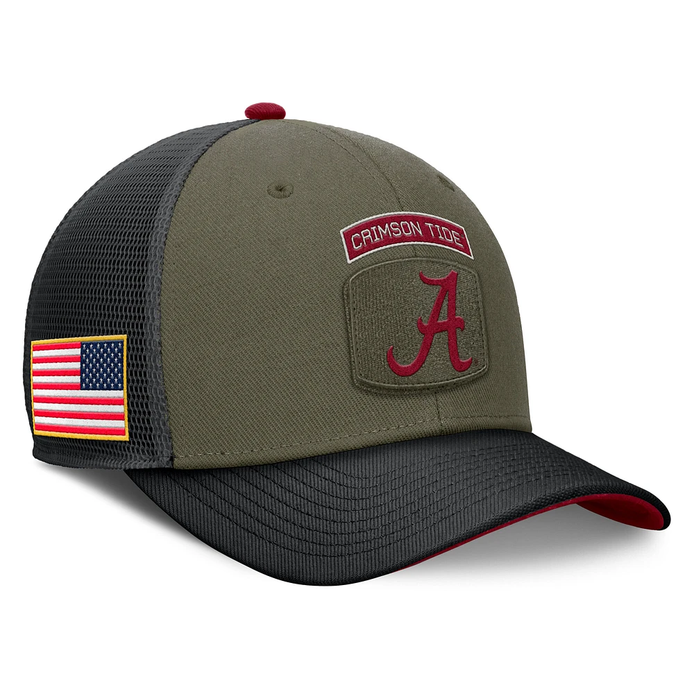 Men's Nike Olive/Black Alabama Crimson Tide 2024 Military Appreciation Rise Trucker Adjustable Hat