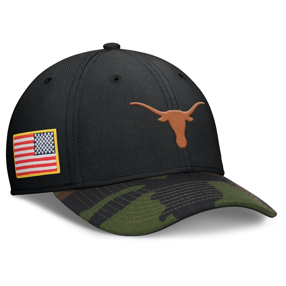 Men's Nike Black/Camo Texas Longhorns 2024 Military Appreciation Rise Swoosh Performance Flex Hat