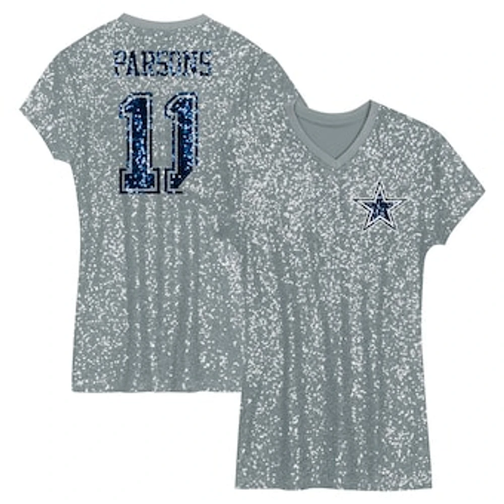 Girls Youth Micah Parsons Silver Dallas Cowboys Sequin Player Name & Number V-Neck Dress