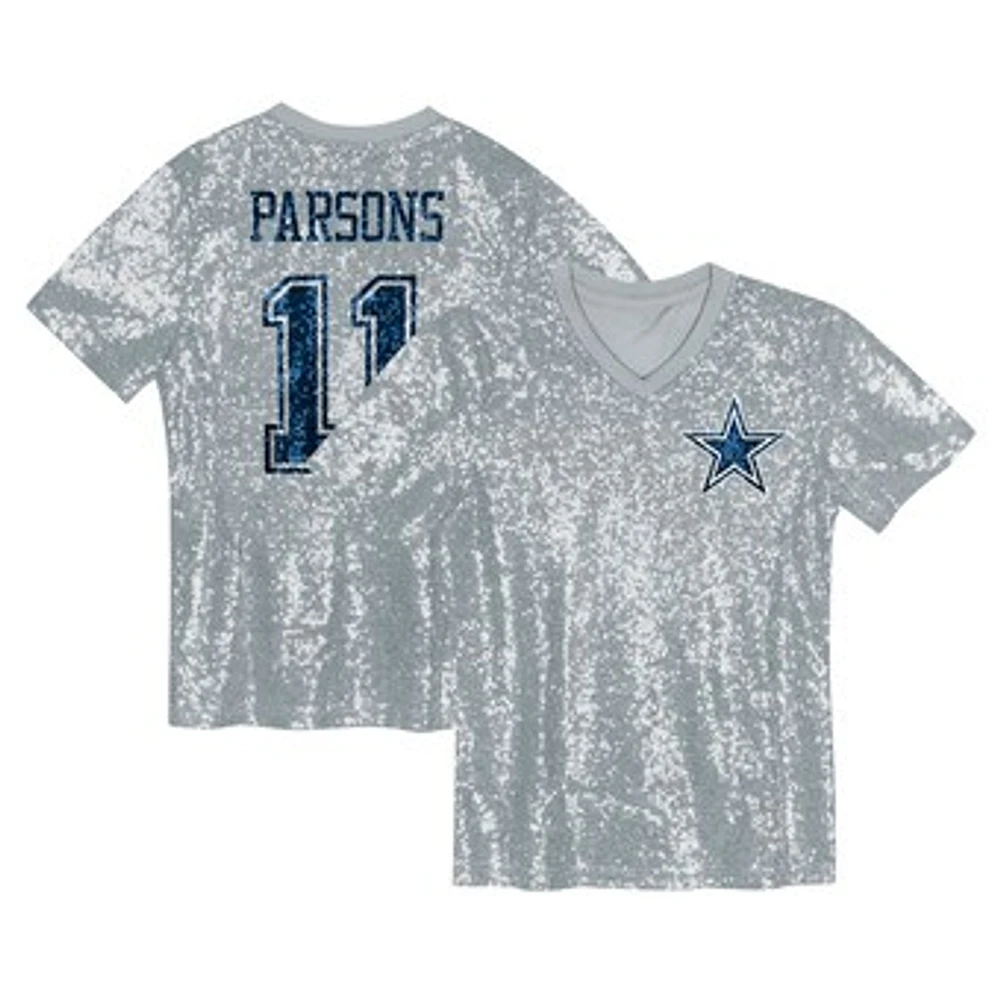 Girls Youth Micah Parsons Silver Dallas Cowboys Sequin V-Neck Fashion Jersey