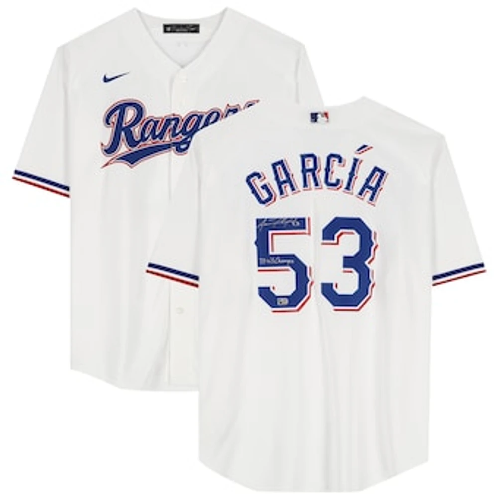 Adolis Garcia Texas Rangers Autographed White Nike Replica Jersey with "23 WS Champs" Inscription