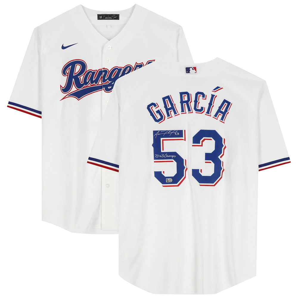 Adolis Garcia Texas Rangers Autographed White Nike Replica Jersey with "23 WS Champs" Inscription