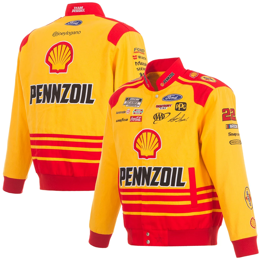 Men's JH Design  Yellow Joey Logano Shell Pennzoil Twill Driver Uniform Full-Snap Jacket