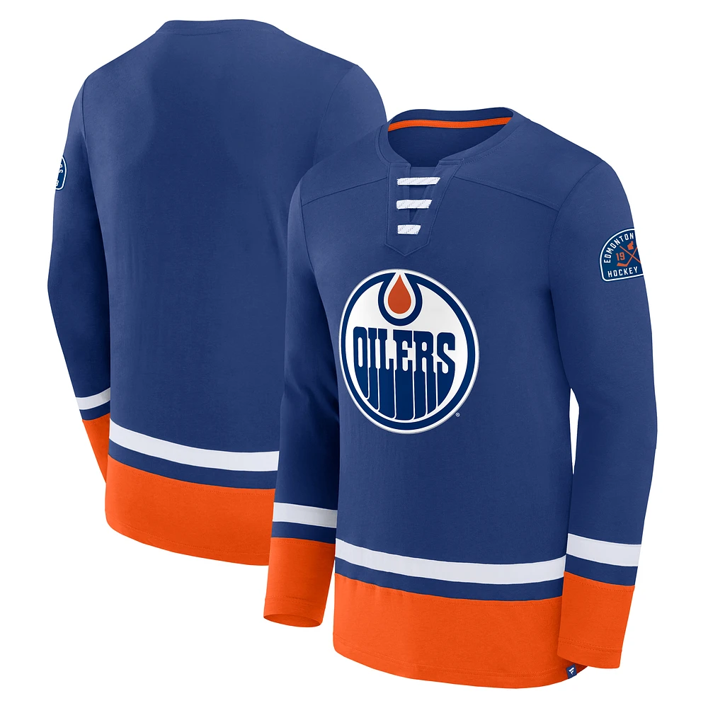 Men's Fanatics Royal Edmonton Oilers Lace-Up High Point Long Sleeve T-Shirt