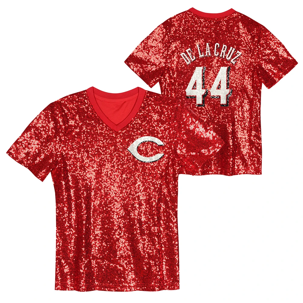 Juniors Elly De La Cruz Red Cincinnati Reds Name & Number Sequin V-Neck Top