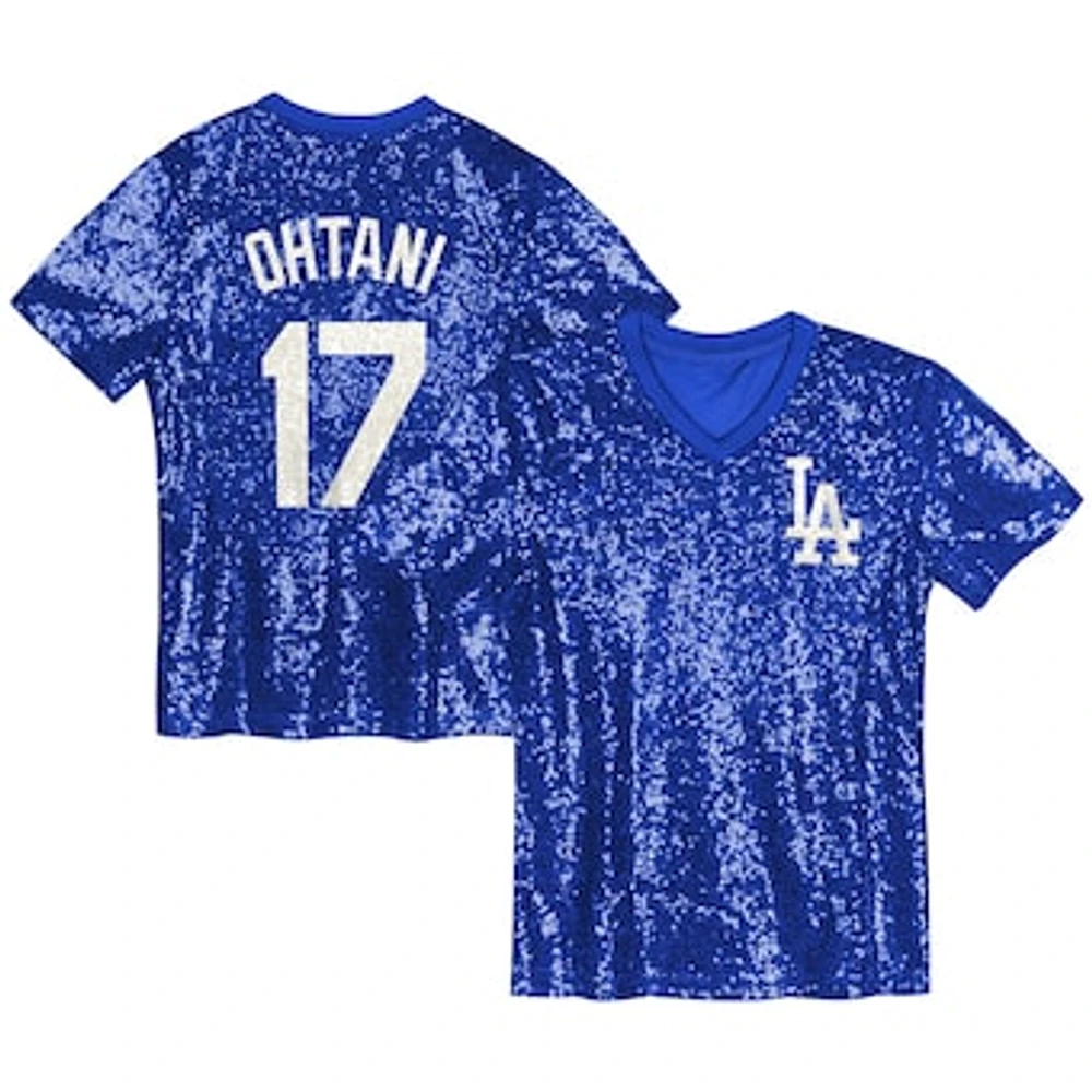 Juniors Shohei Ohtani Royal Los Angeles Dodgers Name & Number Sequin V-Neck Top