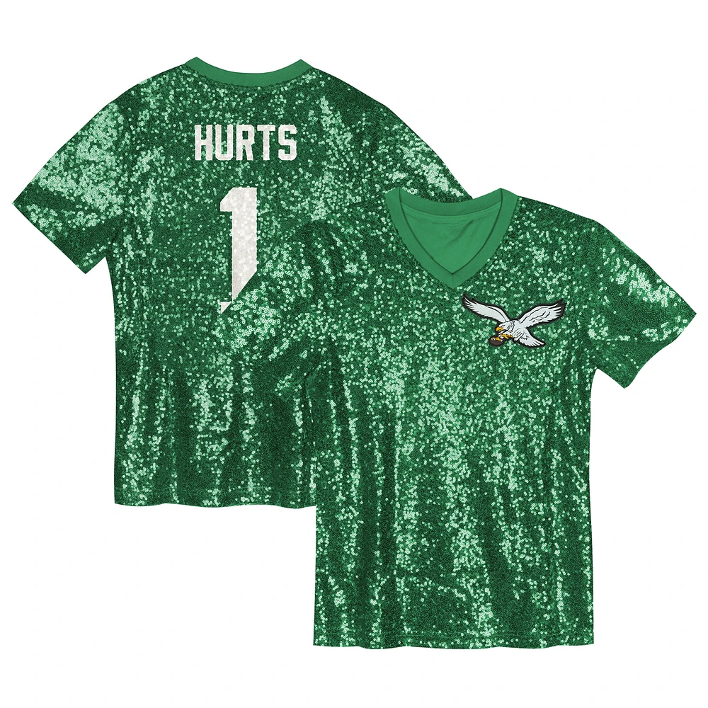 Girls Youth Jalen Hurts Kelly Green Philadelphia Eagles Sequin V-Neck Fashion Jersey