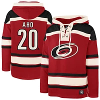 Men's '47 Sebastian Aho Red Carolina Hurricanes Player Name & Number Lacer Pullover Hoodie