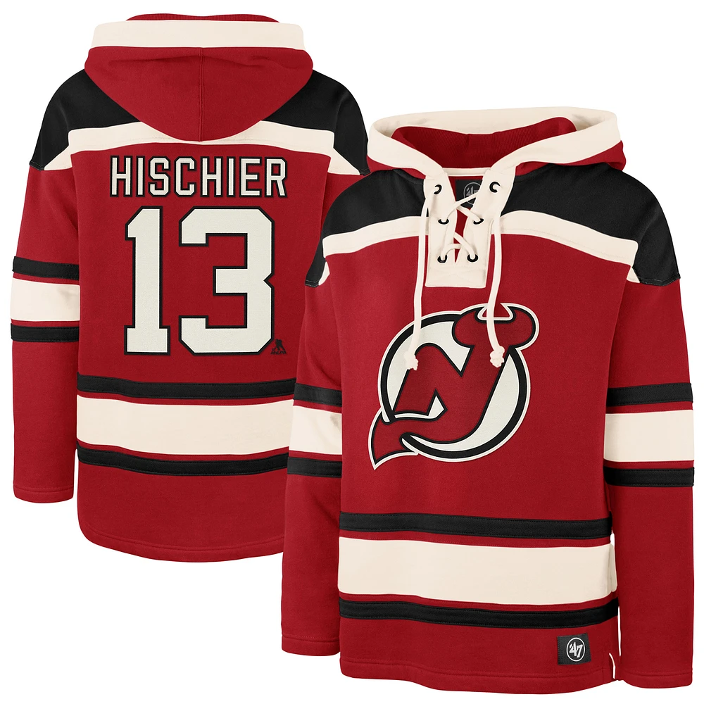 Men's '47 Nico Hischier Red New Jersey Devils Player Name & Number Lacer Pullover Hoodie