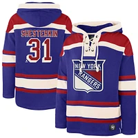 Men's '47 Igor Shesterkin Blue New York Rangers Player Name & Number Lacer Pullover Hoodie