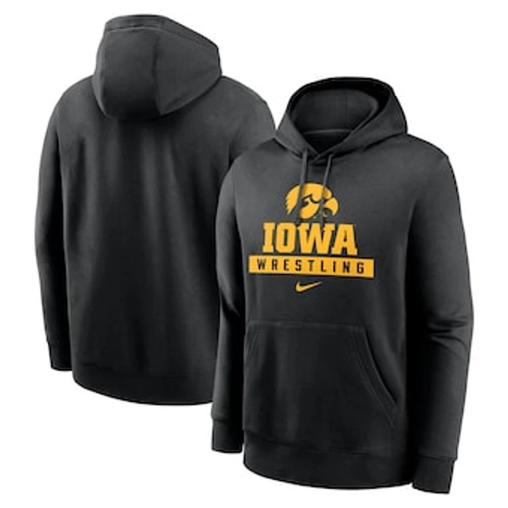 Men's Nike Black Iowa Hawkeyes Wrestling Stack Club Fleece Pullover Hoodie