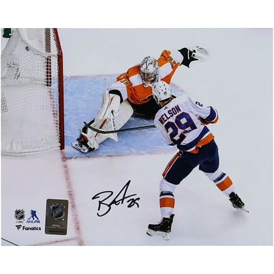 Brock Nelson New York Islanders Autographed 8" x 10" White Jersey Scoring Goal Photograph