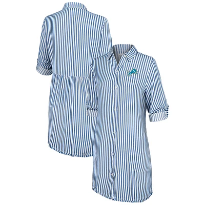 Women's Tommy Bahama Blue/White Detroit Lions Chambray Stripe Cover-Up Shirt Dress