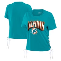 Women's WEAR by Erin Andrews Aqua Miami Dolphins Lace Up Side Modest Cropped T-Shirt