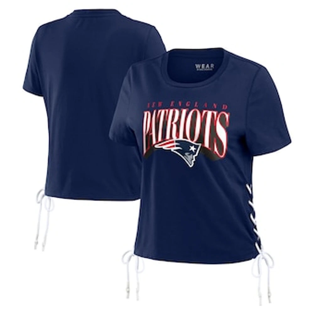 Women's WEAR by Erin Andrews Navy New England Patriots Lace Up Side Modest Cropped T-Shirt