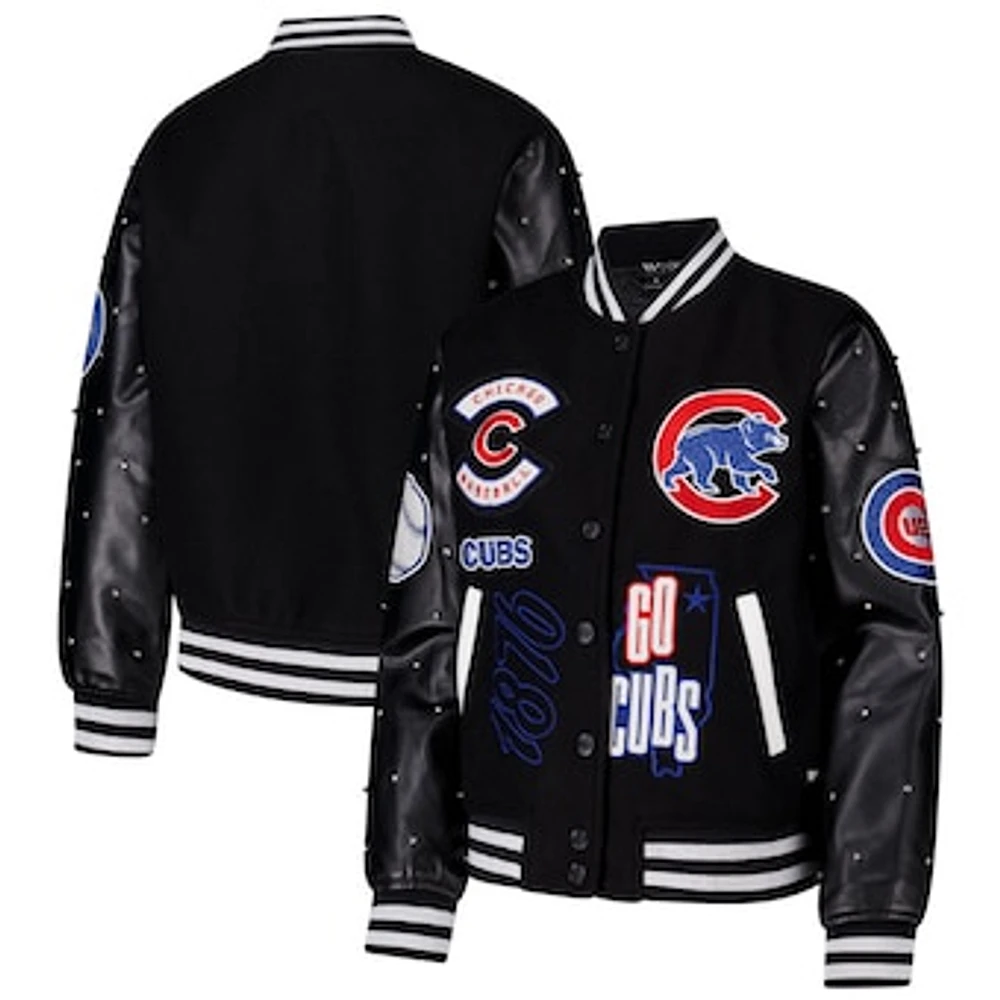 Women's The Wild Collective Black Chicago Cubs Full-Snap Varsity Jacket