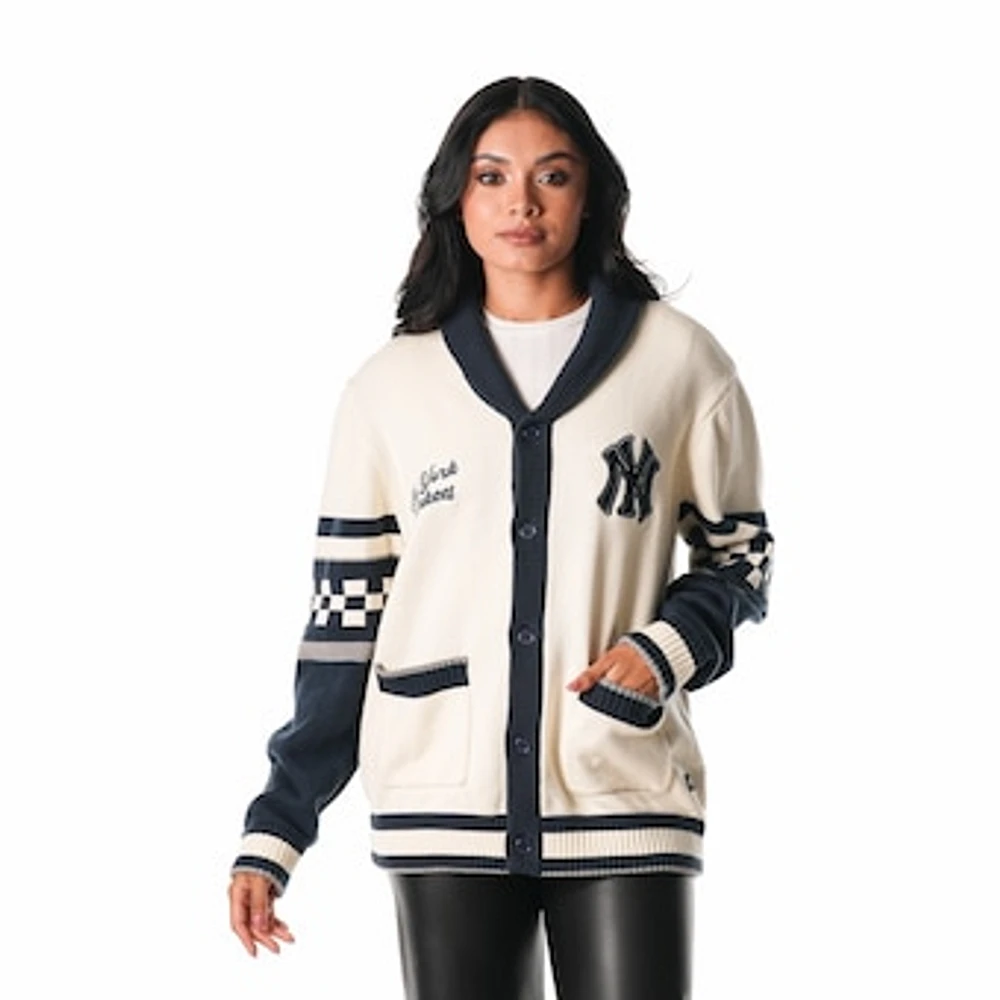 Women's The Wild Collective Cream New York Yankees Jacquard Full-Button Sweater