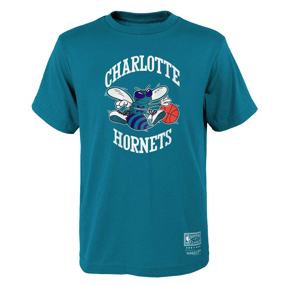 Youth Mitchell & Ness Teal Charlotte Hornets Hardwood Classics Retro Logo T-Shirt