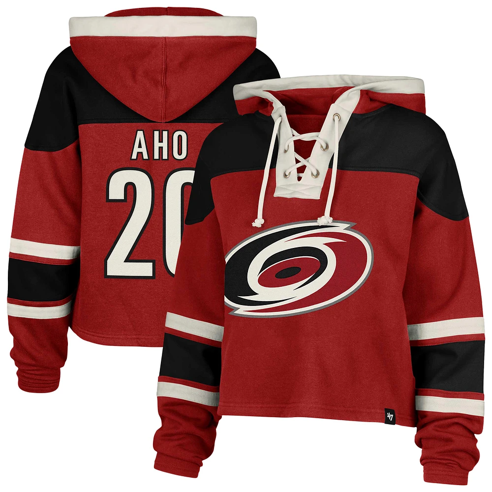 Women's '47 Sebastian Aho Red Carolina Hurricanes Superior Lacer Cropped Pullover Hoodie