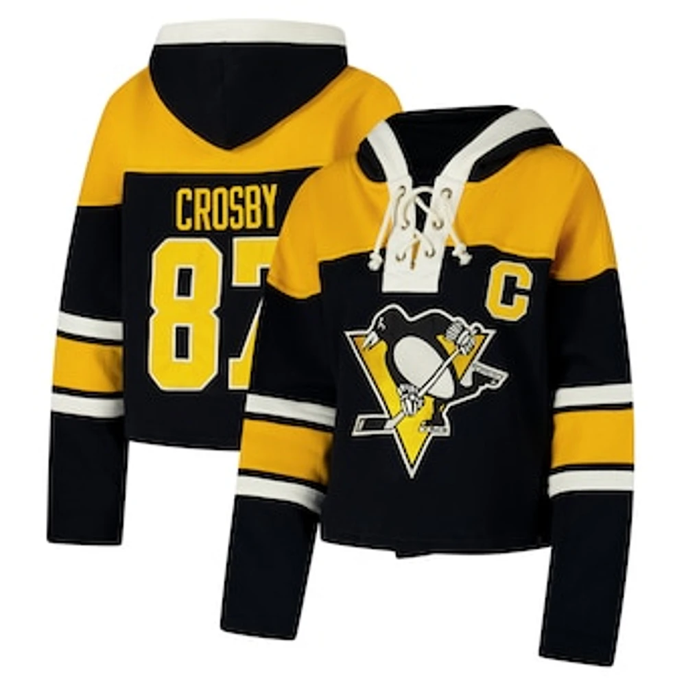 Women's '47 Sidney Crosby Black Pittsburgh Penguins Superior Lacer Cropped Pullover Hoodie