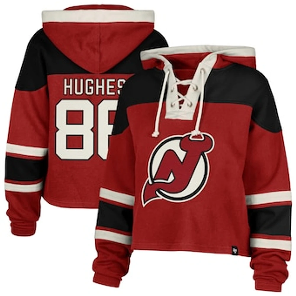 Women's '47 Jack Hughes Red New Jersey Devils Superior Lacer Cropped Pullover Hoodie