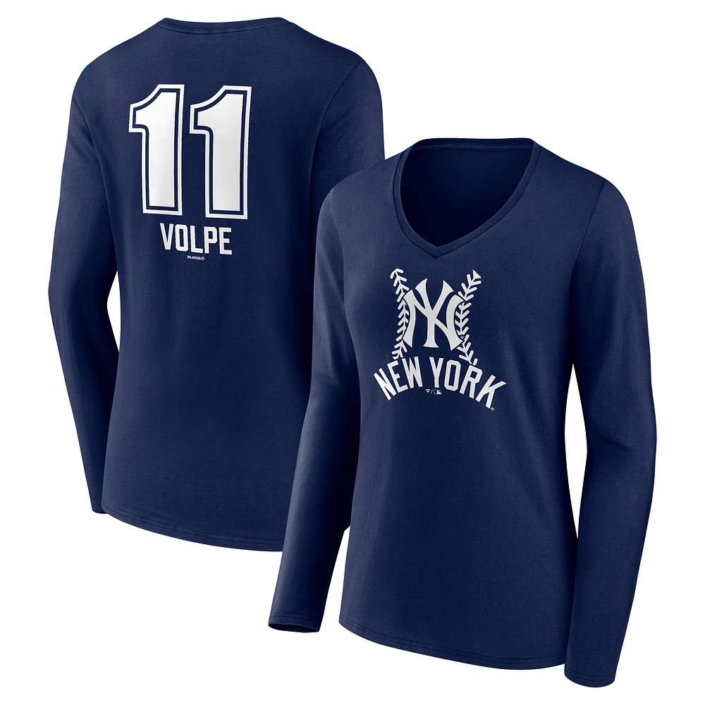 Women's Anthony Volpe Navy New York Yankees Fastball Player Name & Number Long Sleeve V-Neck T-Shirt